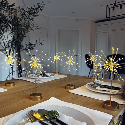 2x Rattan Table Lights x6 Mini Table Starburst & x12 Tealights Pack