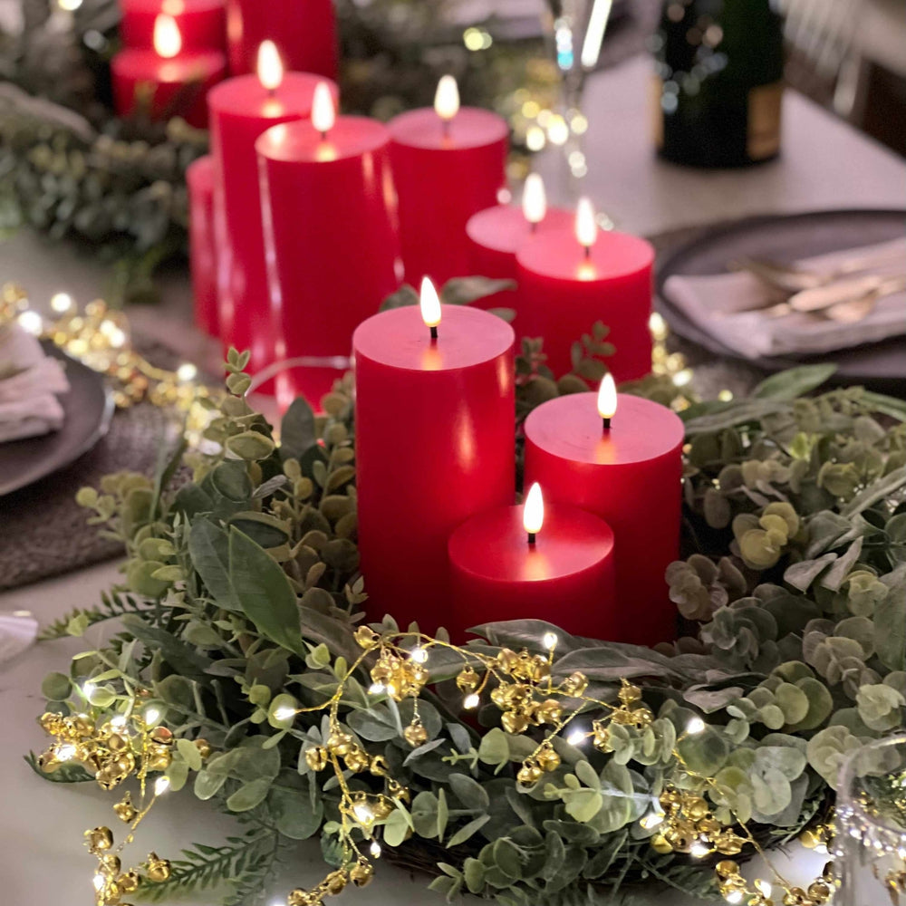 Red LED Candles, Wreath & Golden Bells Pack