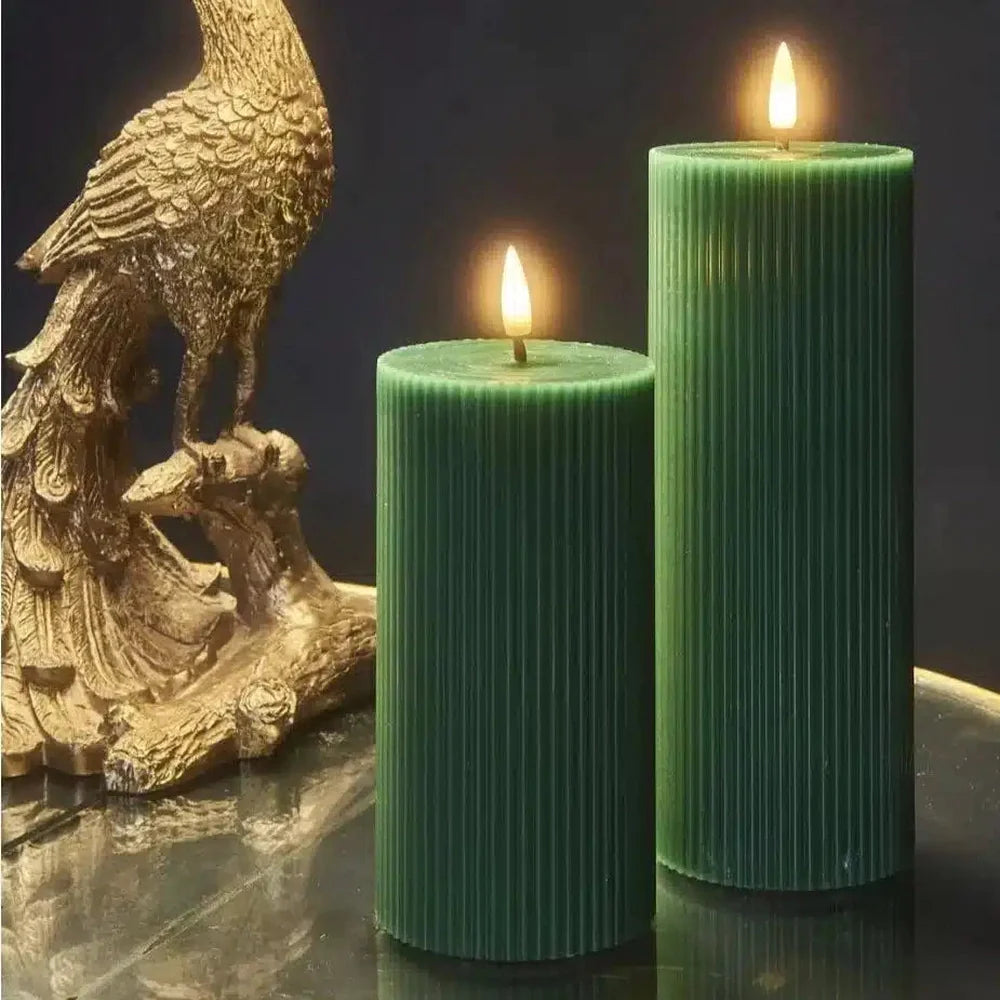 x2 Ribbed Pillar Candle Green