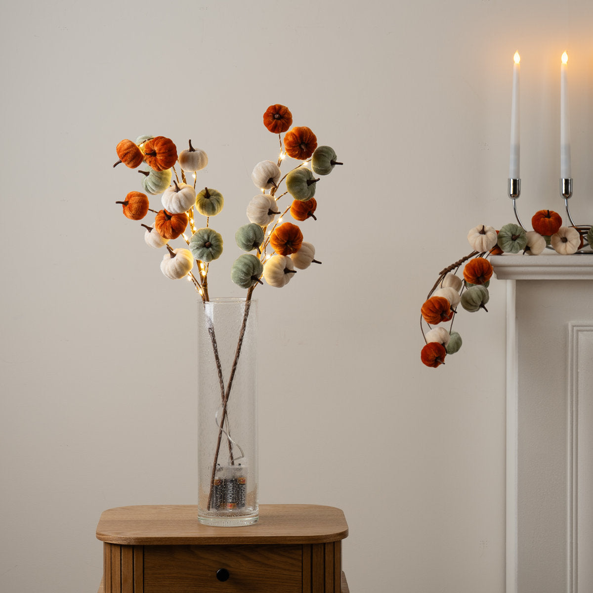 x2 Velvet Pumpkin Pre Lit Stems Orange