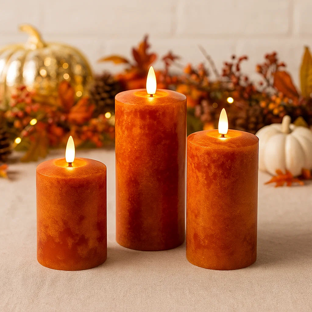 6x Mottled Orange Autumn LED Candles