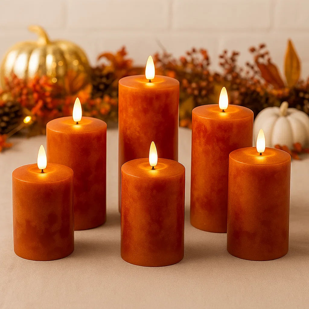 6x Mottled Orange Autumn LED Candles