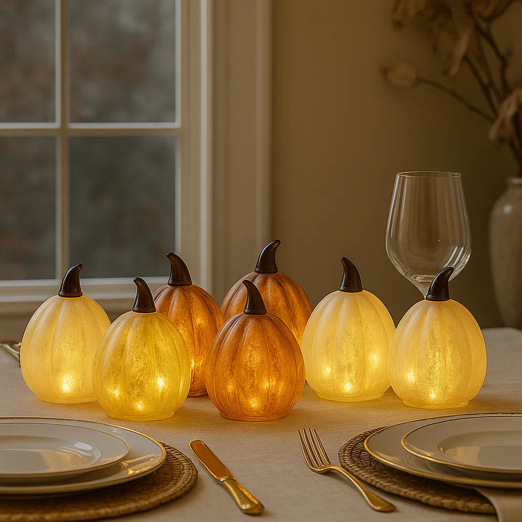x6 Glass Table Pumpkin Lights x12 Starburst Tealights Pack