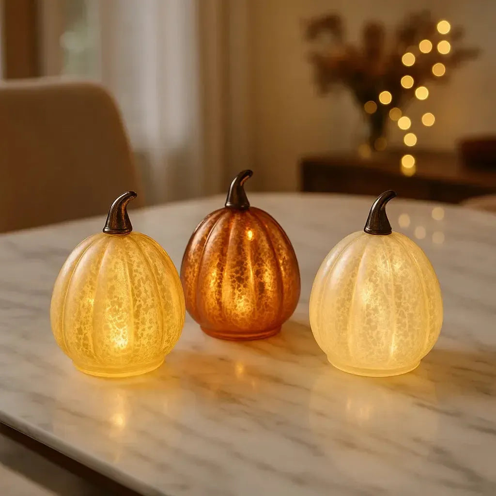 x6 Glass Table Pumpkin Lights x12 Starburst Tealights Pack
