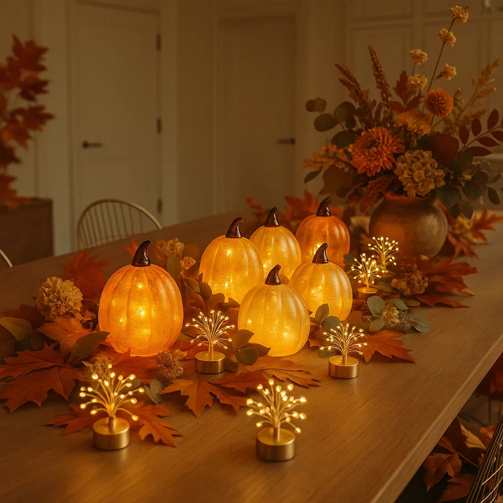 x6 Glass Table Pumpkin Lights x12 Starburst Tealights Pack