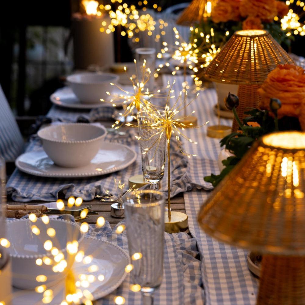 2x Rattan Table Lights x6 Mini Table Starburst & x12 Tealights Pack